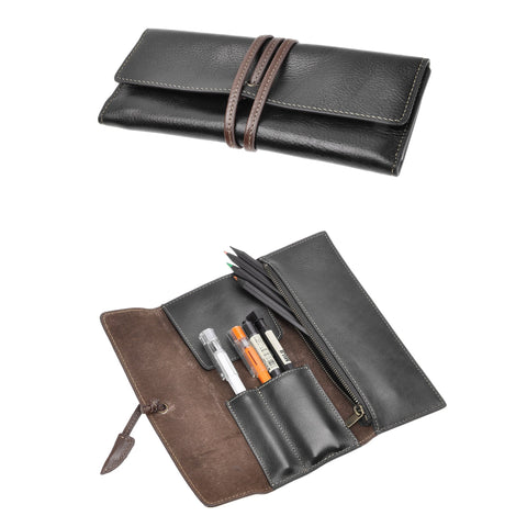 ZLYC Handmade Leather Pen Case Pencil Holder Soft Roll Wrap Bag Pouch Stationery Gift for Students (Black)