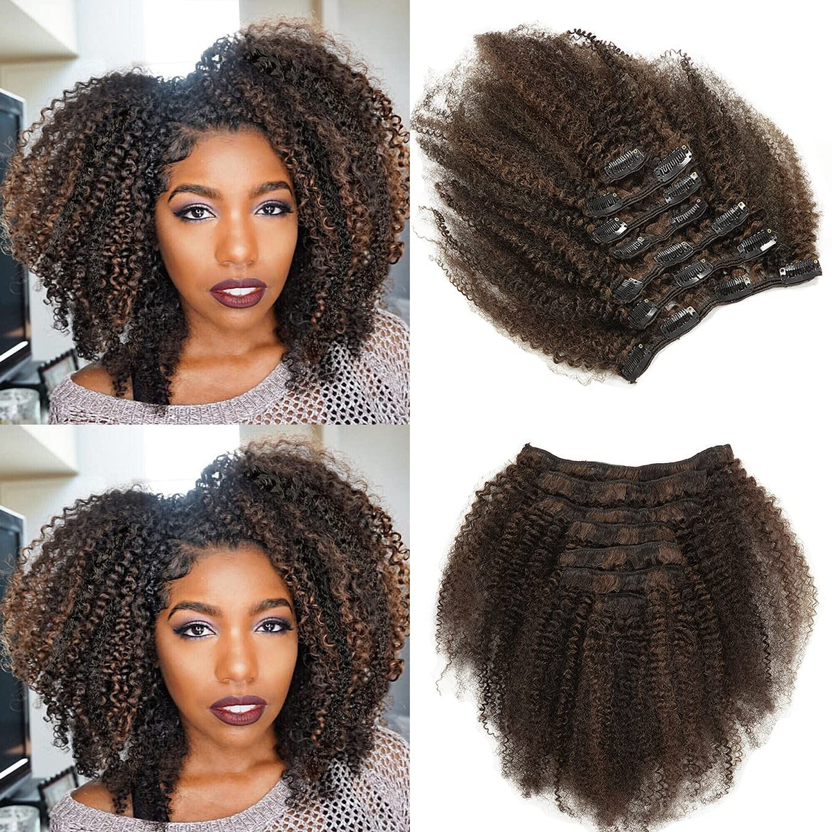 Lacer Hair Piano Color 20Inch Clip in Human Hair Extensions 4A 4B Curly Afro Kinky Curly Natural Black Hair Clip in Extensions for Black Women 120G P#1B/4 Dark Brown Ombre Color AC 10-20 inch