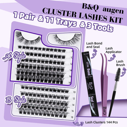 Lash Extension Kit B&Q 144 Pcs Eyelash Extension Kit Natural Look Lashes Extension Kit with Waterproof Lash Bond and Seal and Applicator Tool DIY Lash Extension Kit at Home (Kit,03-8-18mix)