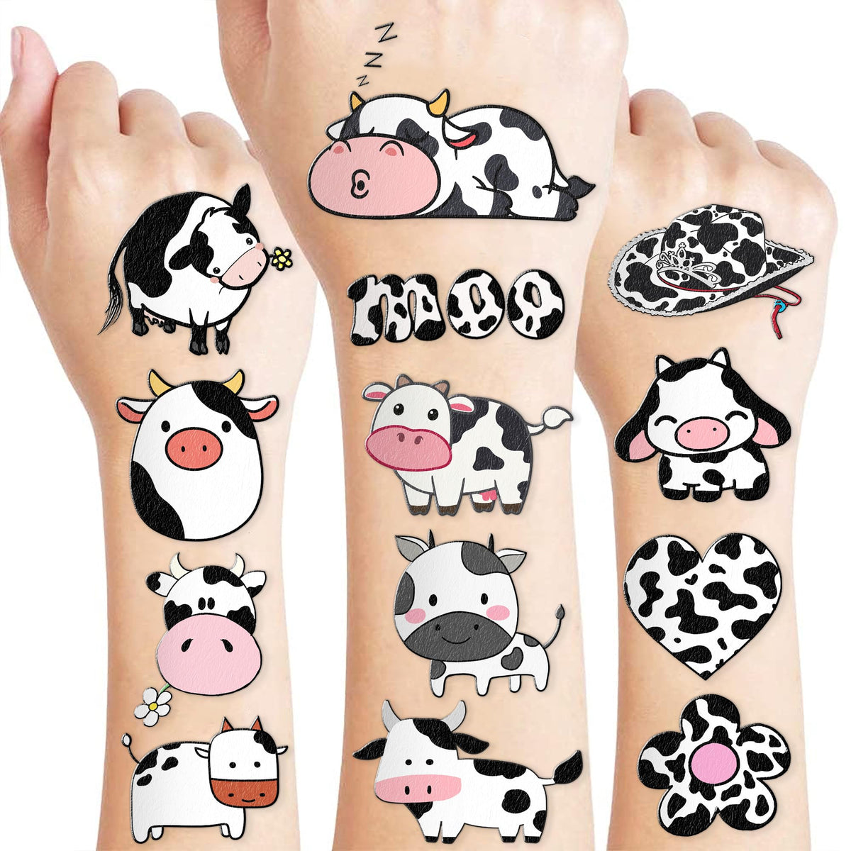 Cow Temporary Tattoos for Kids Birthday Party Decorations Supplies Party Favors Supper Cute 96PCS Cow Tattoo Sticker Style Milk Animal Farm Gift Ideals for Boys Girls Schools Prizes Themed