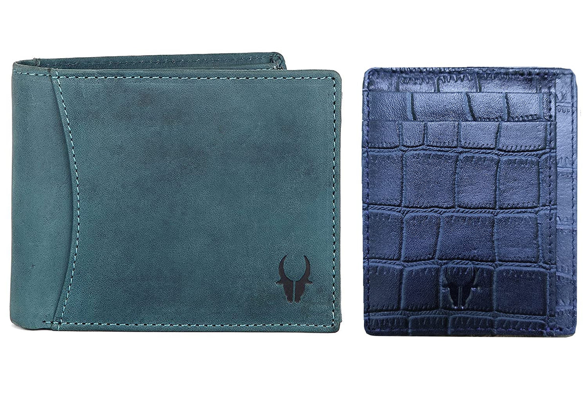 WildHorn Leather Wallet for Men, CRD BLUE CROCO+ BLUE HUNTER 73, Classic