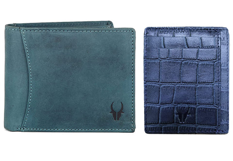 WildHorn Leather Wallet for Men, CRD BLUE CROCO+ BLUE HUNTER 73, Classic