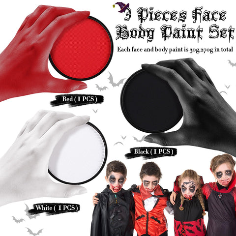 Dansib 3 Pcs Clown Makeup Kit Classic Red Face and Body Paint White Washable Black Makeup Water Activated Pretend Costume and Dress up Makeup for Kids Adults Halloween Cosplay and Party