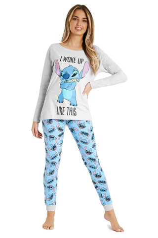 Disney Stitch Womens Pyjamas Set - Nightwear Top and Long Bottoms PJs Lounge Set Women and Teenagers S-XL Stitch Gifts (Grey/Blue Stitch, 16/18, L)
