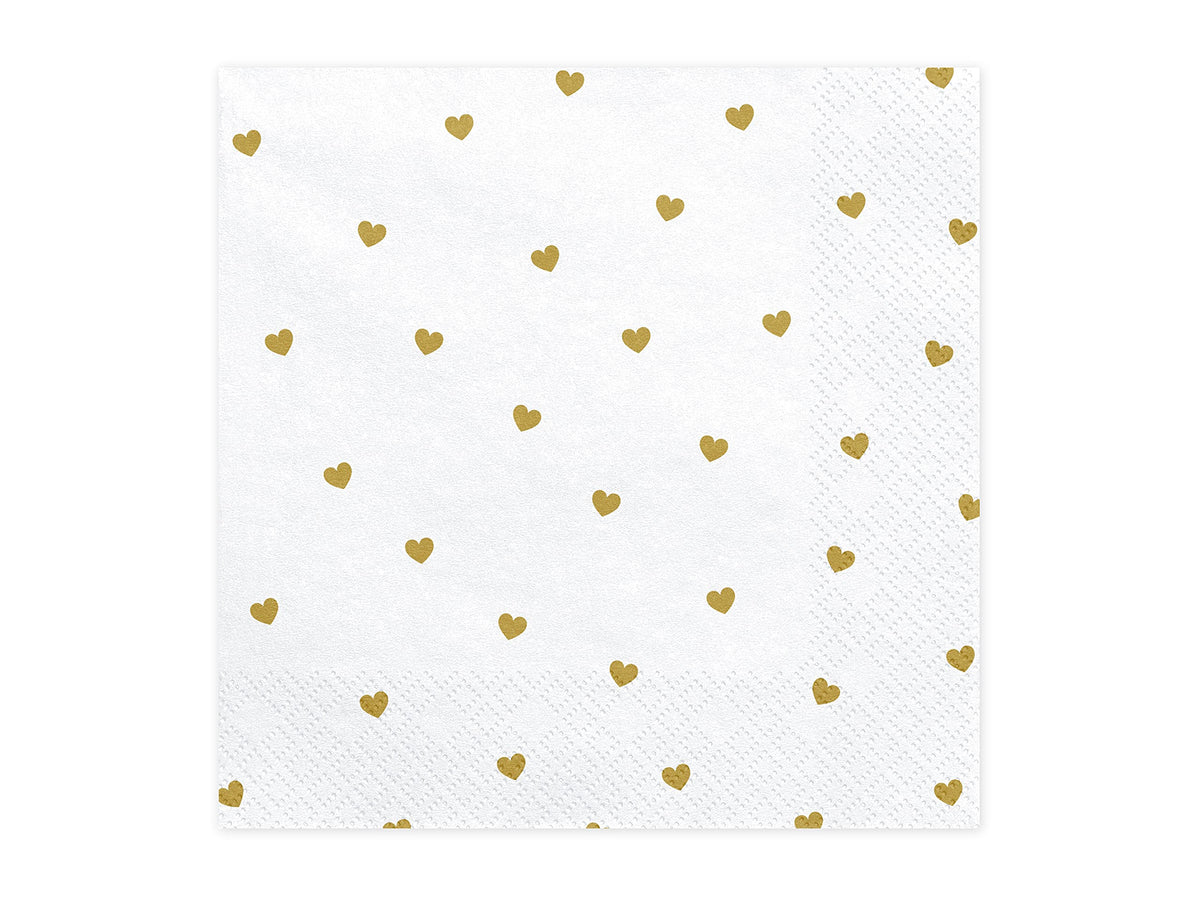 PartyDeco White Napkins with Gold Print Hearts - Birthday Valentine's Day Wedding Honeymoon Napkins - Printed Handkerchiefs
