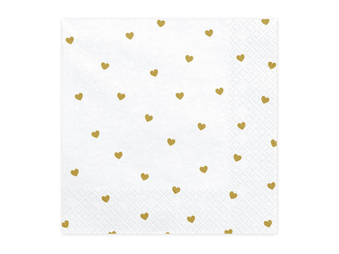 PartyDeco White Napkins with Gold Print Hearts - Birthday Valentine's Day Wedding Honeymoon Napkins - Printed Handkerchiefs