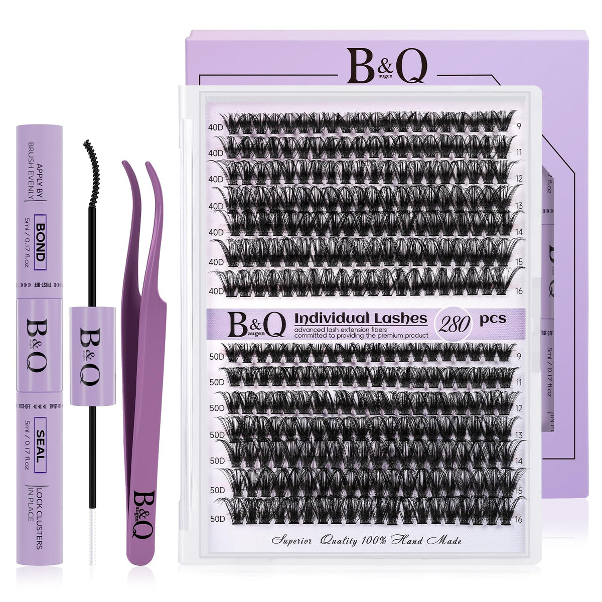 B&Q Lash Extension Kit for Beginners 280pcs Eyelash Extension Kit 40D+50D 9-16 Mixed Lash Clusters Kit D Curl Lash Kit with Lash Bond and Seal Individual Lashes Kit DIY (KIT,40D+50D-D-9-16MIX)
