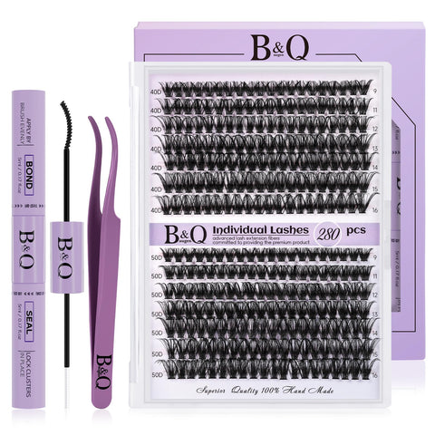 B&Q Lash Extension Kit for Beginners 280pcs Eyelash Extension Kit 40D+50D 9-16 Mixed Lash Clusters Kit D Curl Lash Kit with Lash Bond and Seal Individual Lashes Kit DIY (KIT,40D+50D-D-9-16MIX)