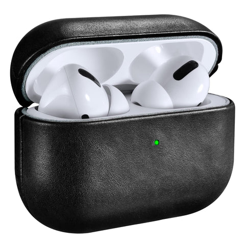 Leather Case for AirPods Pro, ICARERSPACE Premium Genuine Leather Shockproof Protective Case Cover for Apple AirPods Pro Earphones Charging Case (LED Visible) Support Wireless Charger BLACK