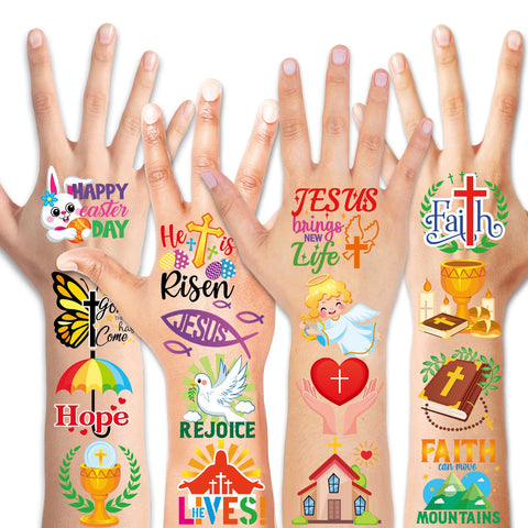 HOWAF 96pcs Religions Easter Temporary Tattoos, Happy Easter Day Temporary Tattoos for Kids, Christian Easter Waterproof Tattoos Stickers for Easter Spring Party Favors, Easter Jesus Cross Tattoos