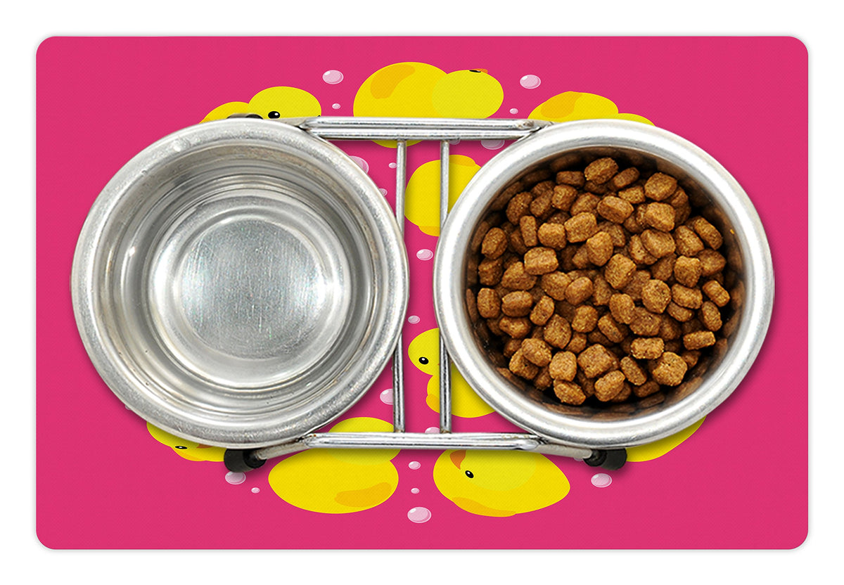 Ambesonne Rubber Duck Pet Mat for Food and Water, Fun Duckies Circle Pattern Bath Toys Bubbles Animal Print, Non-Slip Rubber Mat for Dogs and Cats, 18" X 12", Yellow Pink