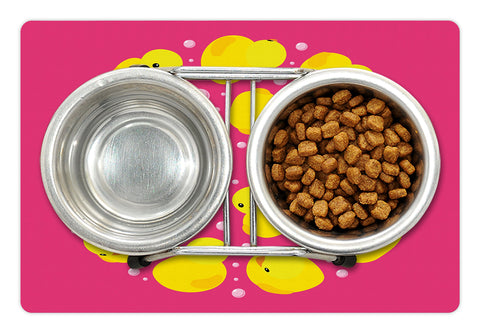 Ambesonne Rubber Duck Pet Mat for Food and Water, Fun Duckies Circle Pattern Bath Toys Bubbles Animal Print, Non-Slip Rubber Mat for Dogs and Cats, 18" X 12", Yellow Pink