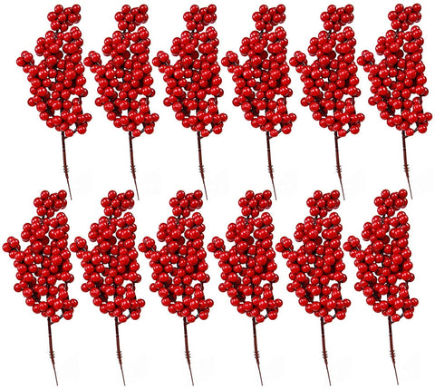 Christmas Red Berry Twig Stem, 12 Pack Artificial Red Berry Picks for Xmas Wreaths decorations, Christmas Tree Decorations, Crafts, Wedding, Holiday Home Decor (Red)