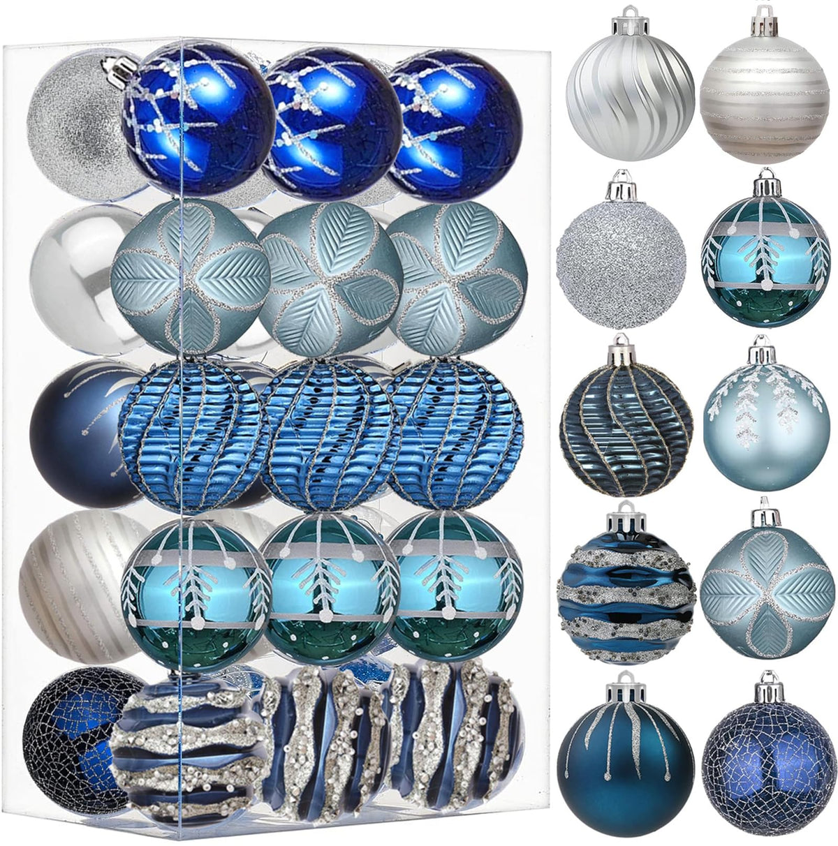 6 cm, Pack of 30 Christmas Baubles, Shatterproof Painted Christmas Tree Decoration Set for Holidays, Weddings, Christmas Decorations, 60 mm (Light Blue White)