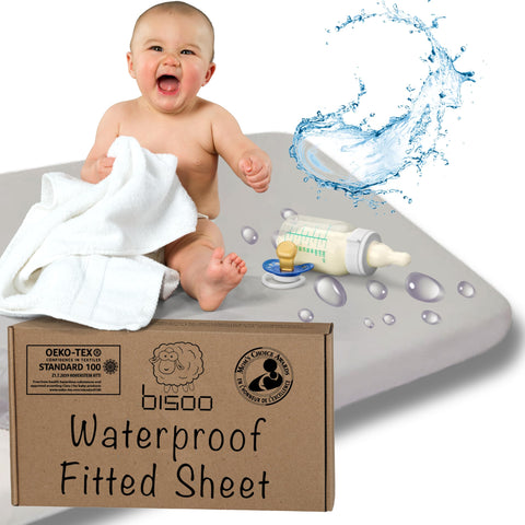 Bisoo Next to Me Crib Sheets Waterproof 2in1 - Fitted Mattress Protector Made of 100% Jersey Oeko-Tex + PU 22x36 in / 55x90 cm - Compatible Bedside Chicco Kinderkraft - Soft & Silent (Gray)