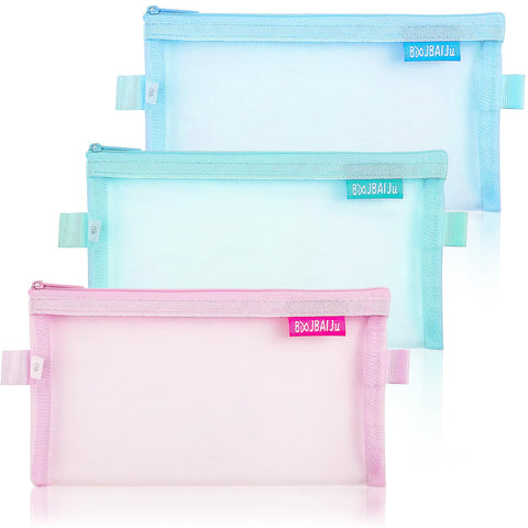 3 Pcs Pencil Case Set, Clear Pencil Case, Mesh Zipper Pencil Bags, Nylon Exam Pencil Pouch for Students, Office Stationery Storage Pouch for Adults (Pink, Green, Blue)