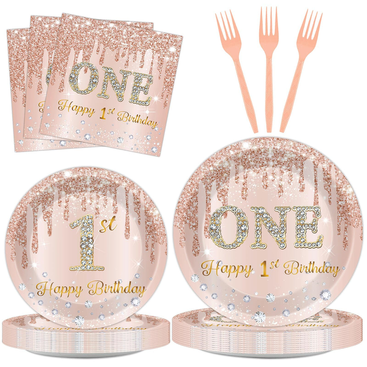 96Pcs Rose Gold 1st Birthday Party Plates and Napkins for Girls Pink One Year Old Party Supplies 1st Themed Paper Dessert Plates Tableware Set for Kids Baby Shower 24 Guests Birthday Party Decorations