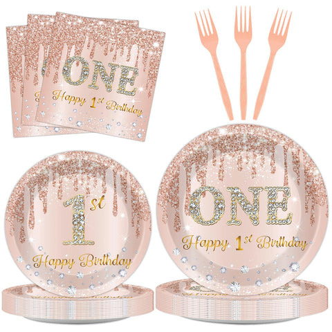 96Pcs Rose Gold 1st Birthday Party Plates and Napkins for Girls Pink One Year Old Party Supplies 1st Themed Paper Dessert Plates Tableware Set for Kids Baby Shower 24 Guests Birthday Party Decorations
