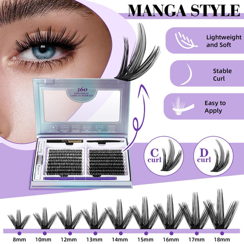Lash Extension Kit 360 Pcs 40D 8-18 Mixed Eyelash Extensions Kit Individual Lashes Extension kit DIY Lash Clusters Kit with Lash Bond and Seal Eye Lash Extension Kit at Home(Mkit-40D50D-0.07C-8-18MIX)