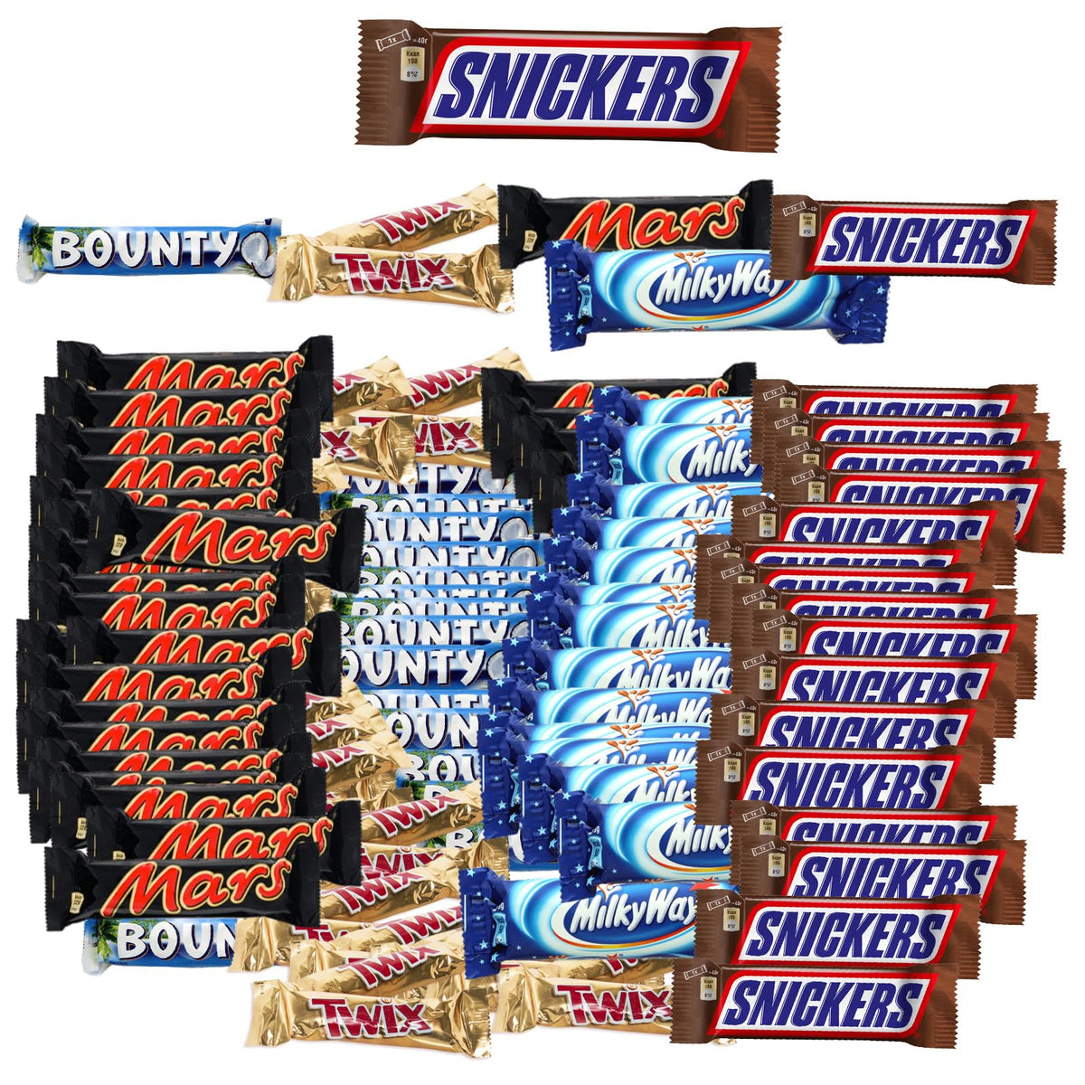 Bounty Snickers Mars Milky Way Twix |christmas Chocolate Mega Gift Hampers |free 40 Gm Snickers |71 Mixed Variety Mini Bars | Kids Treat Fun Size| Party Bag Filler |1.4kg