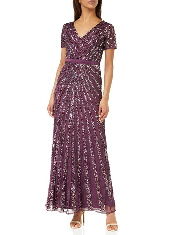 Maya Deluxe Women's Maxi Ladies Embellished Sequin Dress Long Short Sleeve V Neck High Empire Waist A Cut Shiny Prom Wedding Bridesmaid, Berry, 24