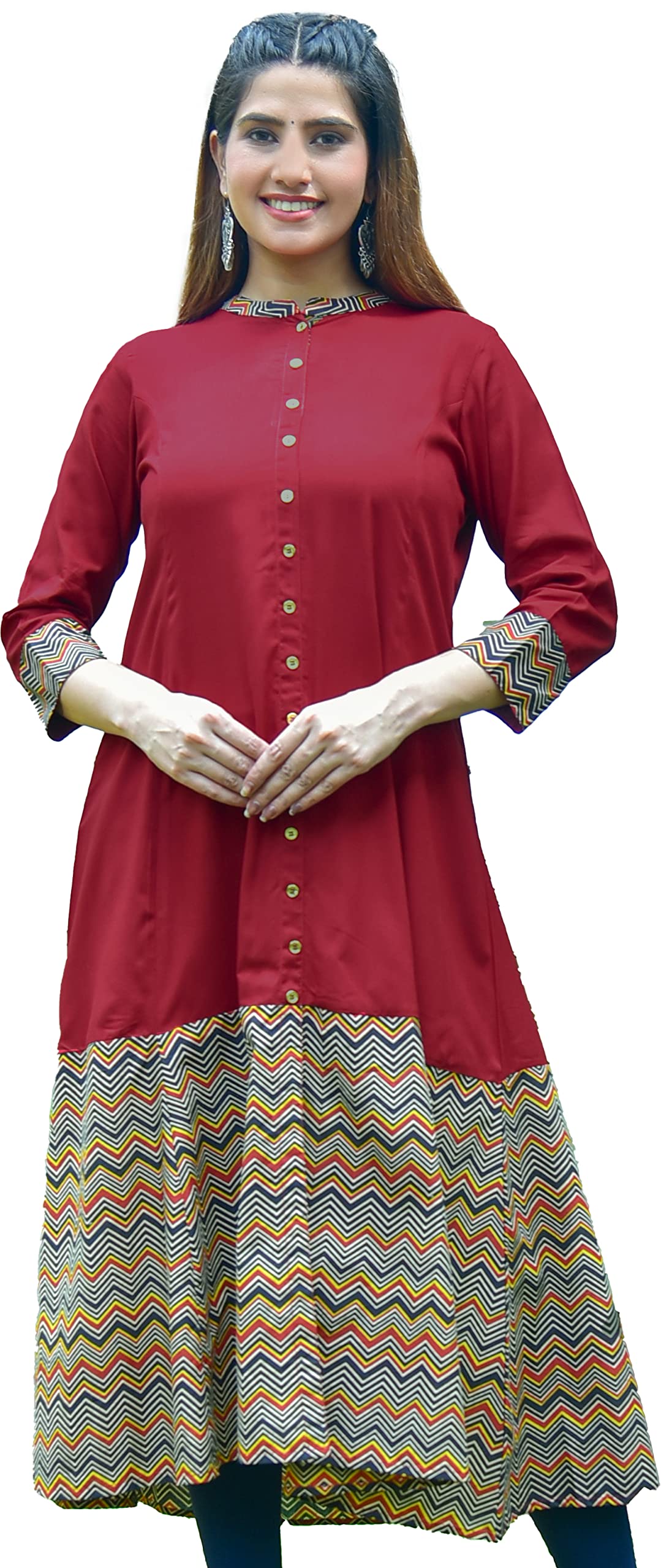 Yash Gallery Women's Rayon & Cotton Cambric Zig-Zag Print A-Line Kurta, Maroon, XL