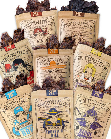 Righteous Felon Beef Jerky Variety Pack, High Protein, Keto, Low Sugar, Gluten Free Snacks for Adults, Made with Premium Meats, 8 Pack Sampler