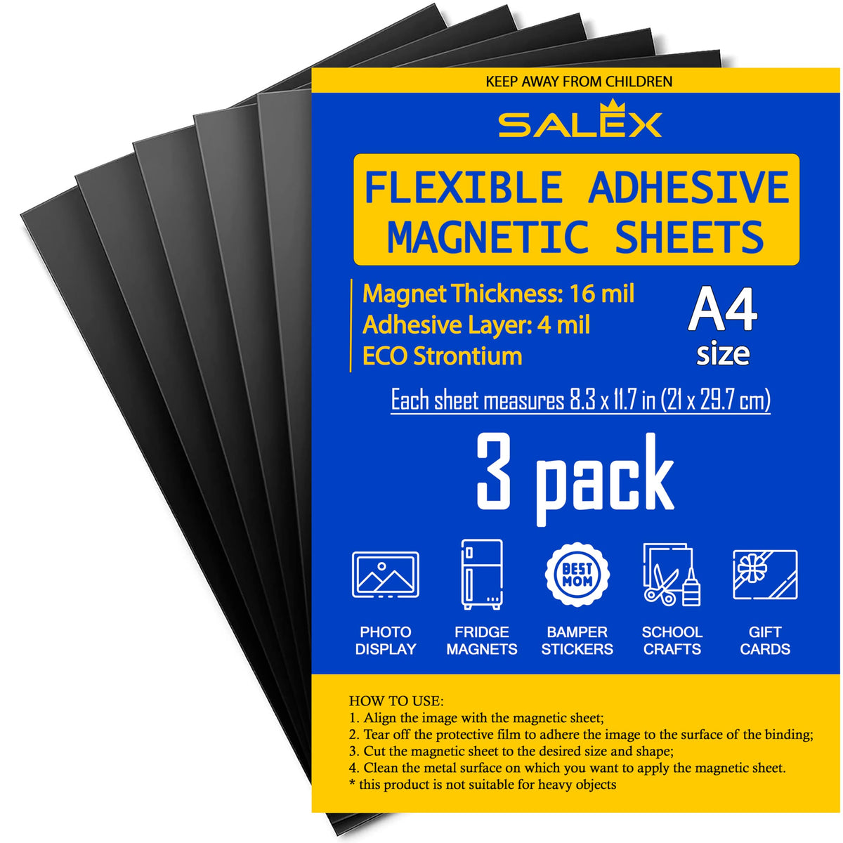 Magnetic Sheets A4 with Adhesive Backing for Crafts, DIY. 3 Strong Self Sticky Magnets 8.3" x 11.7" to Make Flexible Magnet Tapes, Strips, Squares, Sheet for School Classroom Board, Fridge, Photos