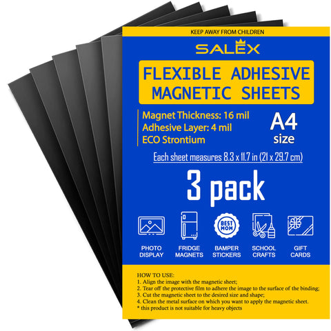 Magnetic Sheets A4 with Adhesive Backing for Crafts, DIY. 3 Strong Self Sticky Magnets 8.3" x 11.7" to Make Flexible Magnet Tapes, Strips, Squares, Sheet for School Classroom Board, Fridge, Photos