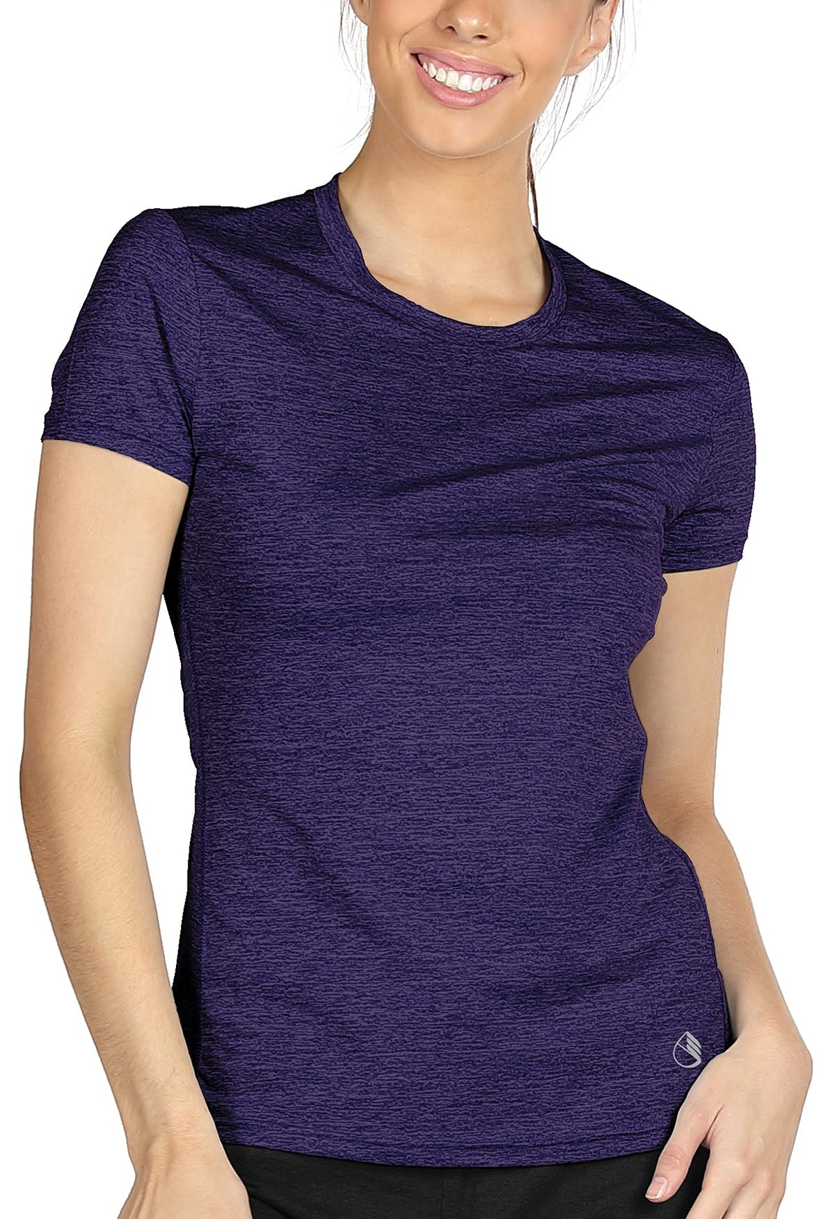 icyzone Women's Workout Running T-Shirt Activewear Yoga Gym Short Sleeve Tops Sports Tee (L, Purple)