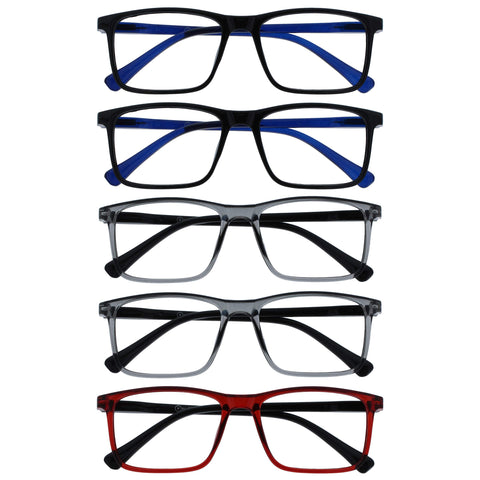 OPULIZE Ink Reading Glasses 5 Pack Large Rectangular Frame Black Transparent Grey Dark Red Spring Hinges Scratch Resistant Mens Womens RRRRR4-1177Z +3.00