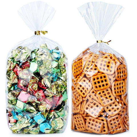 Bottom Gusset Bags 100Pcs 6X9" Clear Cellophane Bags Plastic Gift Bags Cello Bags Treat Bags Bulk Party Favor Goodie Cookie with Gold Twist Tie