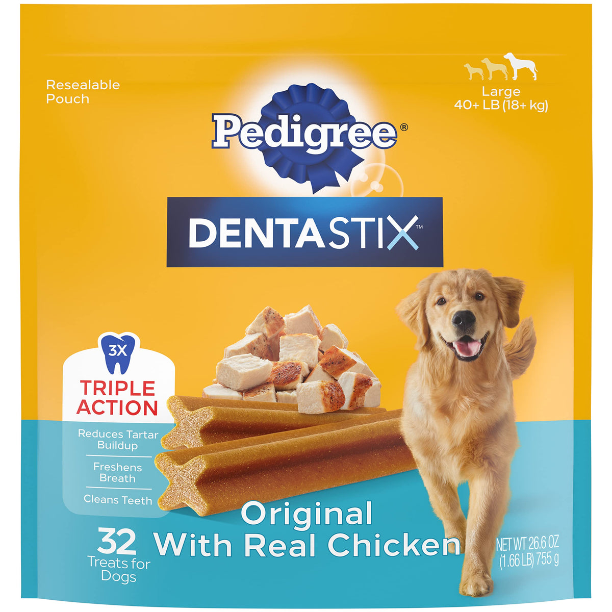 PEDIGREE DENTASTIX Large Dog Dental Treats Original Flavor Dental Bones, 1.66 lb. Pack (32 Treats)