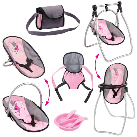 Doll Accessory Set 9 in 1 Vario Highchair Set with Shoulder Bag, Carrier and Plastic Accessories for Toddlers