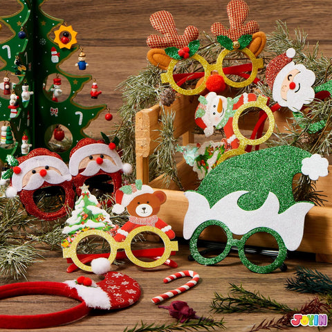JOYIN 18 Packs Christmas Glasses Glitter Frame Costume Eyeglasses for Kids Women Men Christmas Party Supplies and Party Favors, Assorted Styles Xmas Holiday Favors Photo Booth (One Size Fits All)