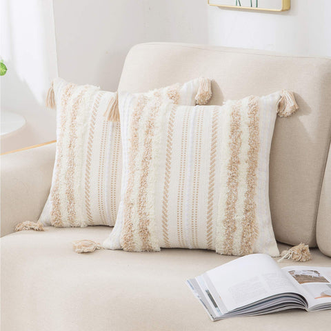 decorUhome Boho Khaki Cushion Covers 50x50cm Set of 2, Decorative Tufted Tassel Woven Pillow Case for Sofa Couch 20x20 Inch