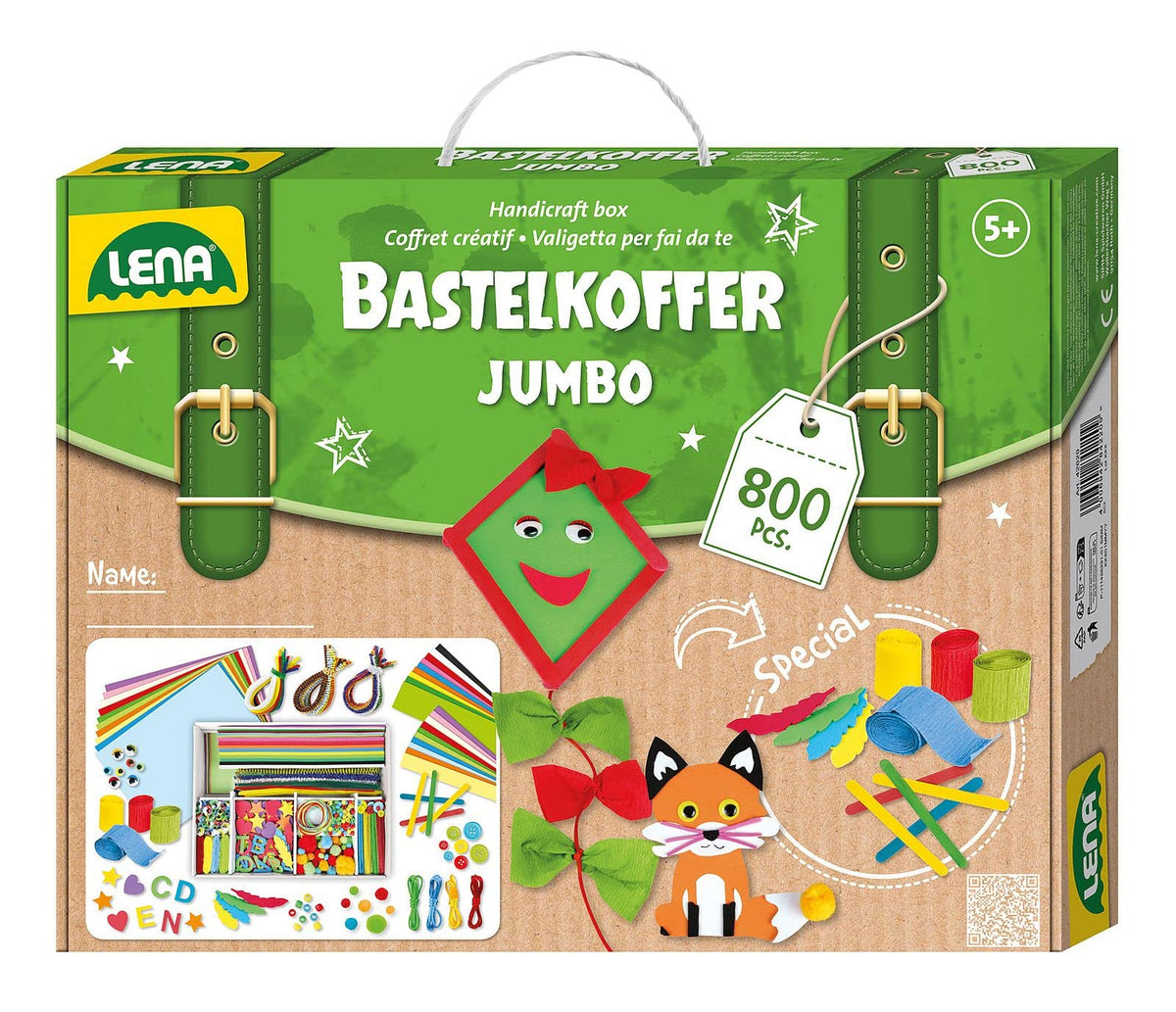 Lena 42629 case with Various Material for handcrafts, with Foam Rubber, Paper, Beads, Pompoms, Satin Ribbons, Buttons, Saucer Eyes and Much More, from 5 Years of Age, Jumbo 800 Colourful, 800 Teile