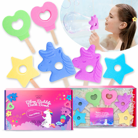 STC Kids Bath Bombs with Bubble Blowing for Boys Girls Natural Organic Handmade Bubble Bath Fizz Spa Bath Set for Birthday Children's Gifts