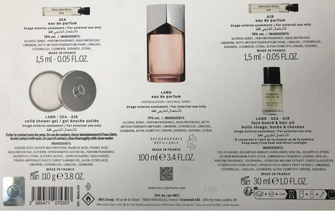 Mercedes-Benz Land for Men - 5 Pc Gift Set 3.4oz EDP Spray, 0.05oz Sea EDP Spray, 0.05oz Air EDP Spray, 1oz LSA Face Beard and Hair Oil, 3.8oz LSA Solid Shower Gel