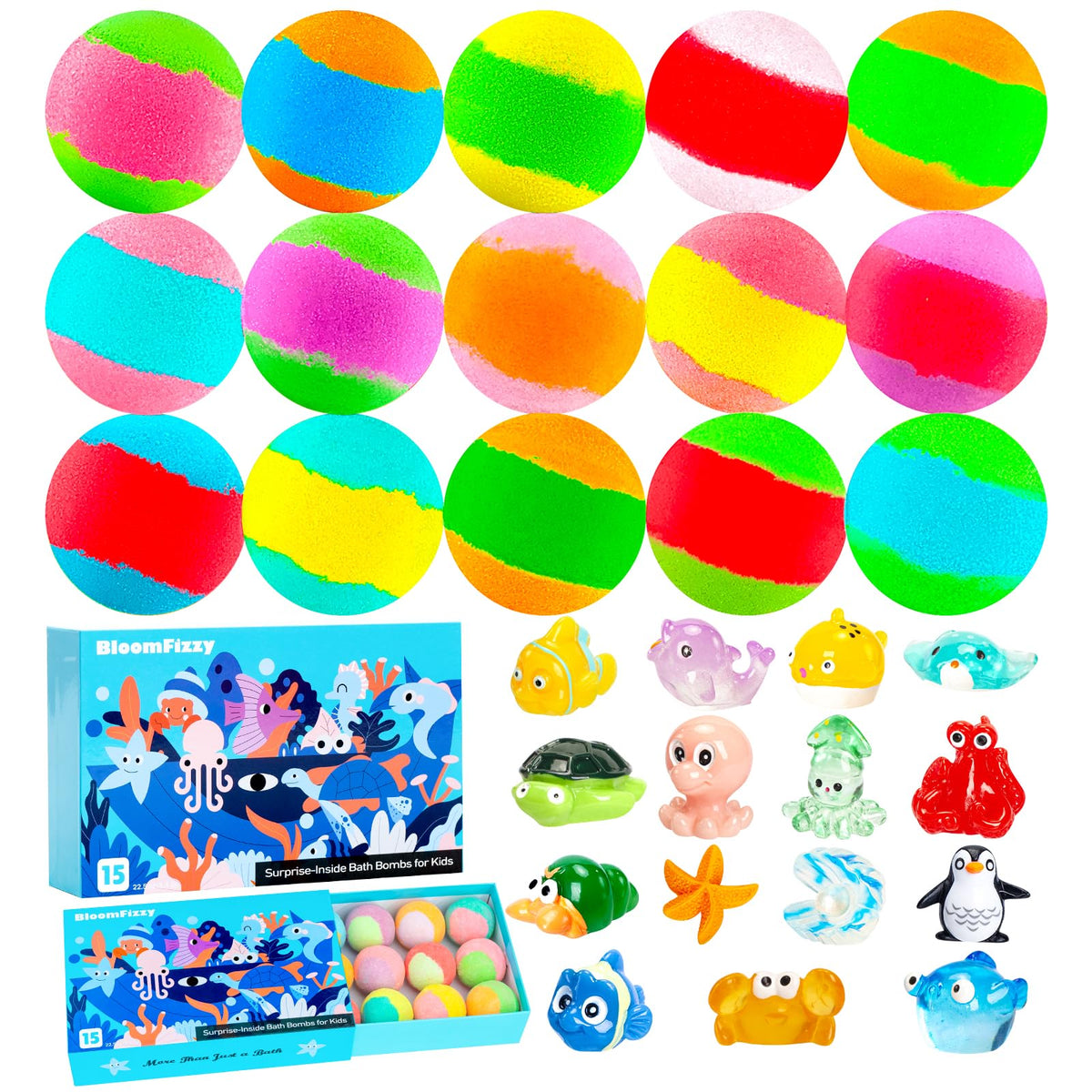 Sea Surprise Bath Bombs for Kids, 15 Pack Organic Fizzy Bath Bombs Gift Set with Hidden Ocean Toys, Gentle & Scented, Kid-Safe & Fun Bath Time, Ideal Christmas Gift & Stocking Stuffer for Kids