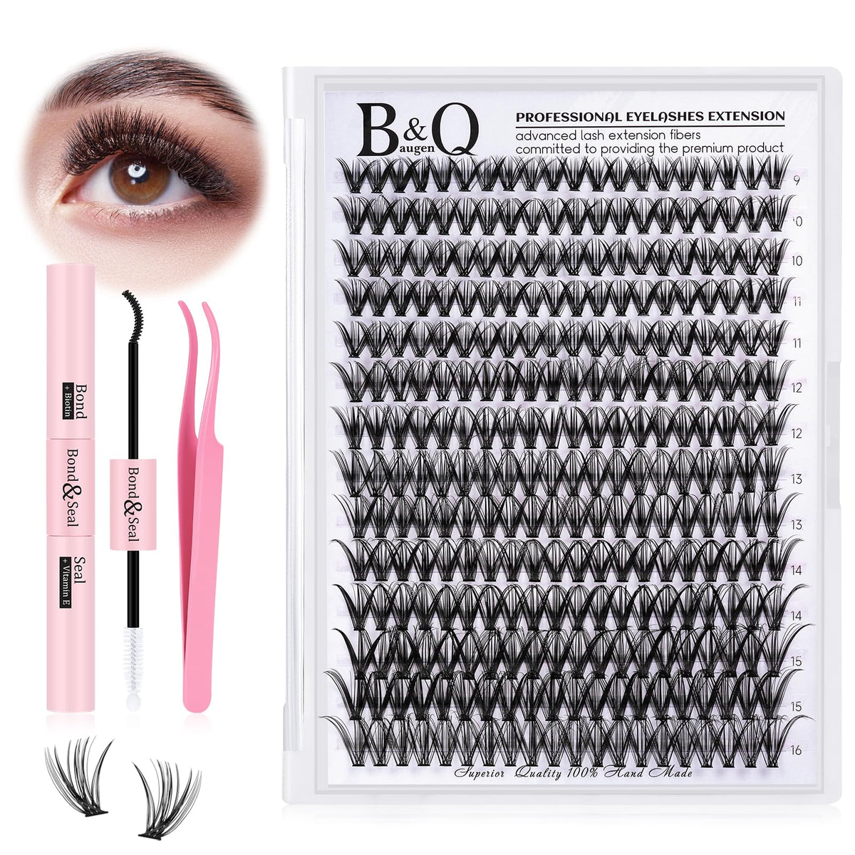 DIY Lash Extension Kit 280pcs Individual Lashes Cluster B&Q D Curl Eyelash Extension Kit Lash Clusters with Lash Bond and Seal and Lash Applicator Tool for Self Application (KIT,30D-D-9-16MIX)
