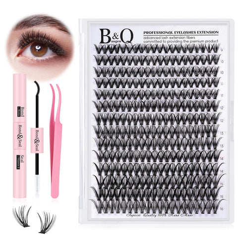 DIY Lash Extension Kit 280pcs Individual Lashes Cluster B&Q D Curl Eyelash Extension Kit Lash Clusters with Lash Bond and Seal and Lash Applicator Tool for Self Application (KIT,30D-D-9-16MIX)