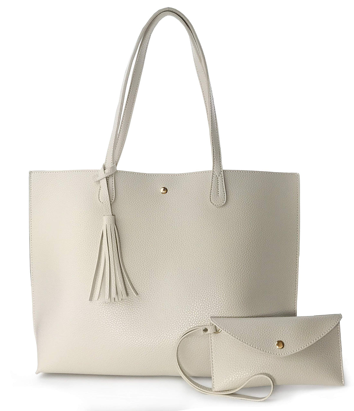 Minimalist Clean Cut Pebbled Faux Leather Tote Womens Shoulder Handbag (Ivory)