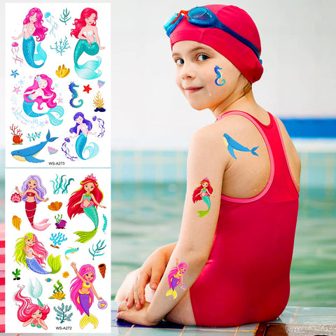 Konsait Mermaid Tattoos for Kids, 188+ Pcs Cute Temporary Tattoo Kids Body Stickers for Girls Children Birthday Mermaid Party Favors Boys Girls Kids Party Goodie Bag Fillers Supplies