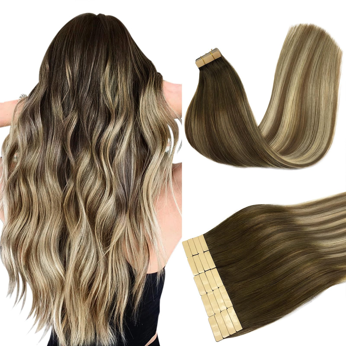 DOORES Human Hair Extensions Tape in Real Balayage Walnut Brown to Ash Brown and Bleach Blonde 18 Inch 20pcs 50g Tape in Hair Extensions Real Hair Extensions Straight
