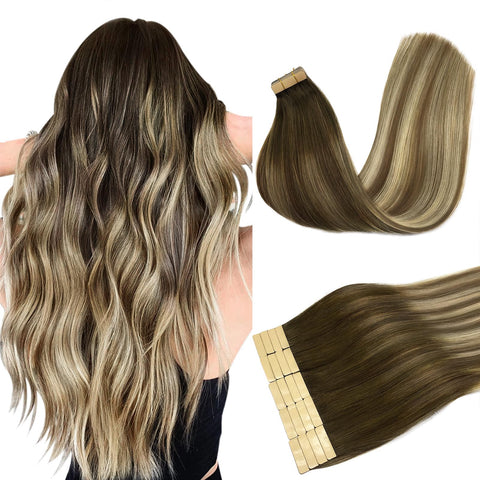 DOORES Human Hair Extensions Tape in Real Balayage Walnut Brown to Ash Brown and Bleach Blonde 18 Inch 20pcs 50g Tape in Hair Extensions Real Hair Extensions Straight