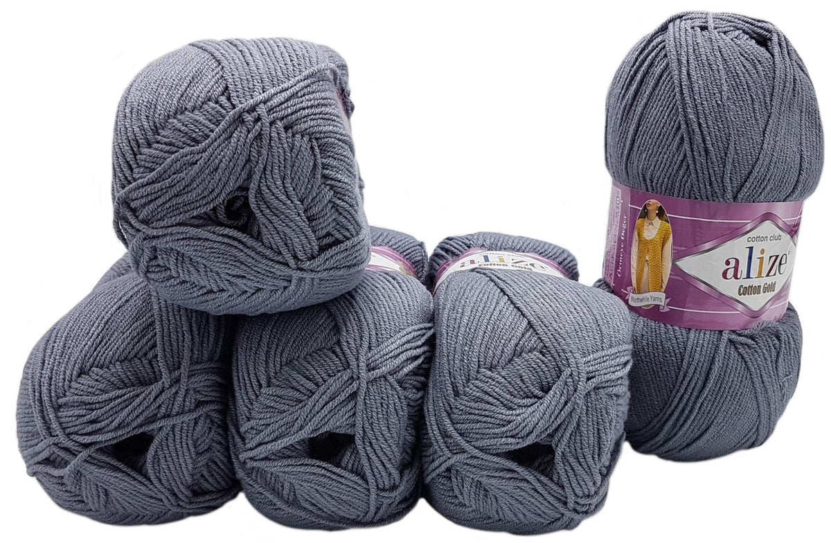 Alize 5 x 100 g Knitting Wool Cotton Gold with 55% Cotton, 500 g Wool Plain (Grey 87)