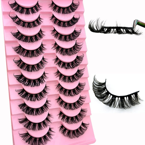 10 Pairs Russian Strip D Curl Lashes 15mm Fake Faux Mink Lashes that Look Like Extensions Curly Volume Cat-Eye Lashes Wispy Flu-ffy Eyelashes(10P-D-S016)