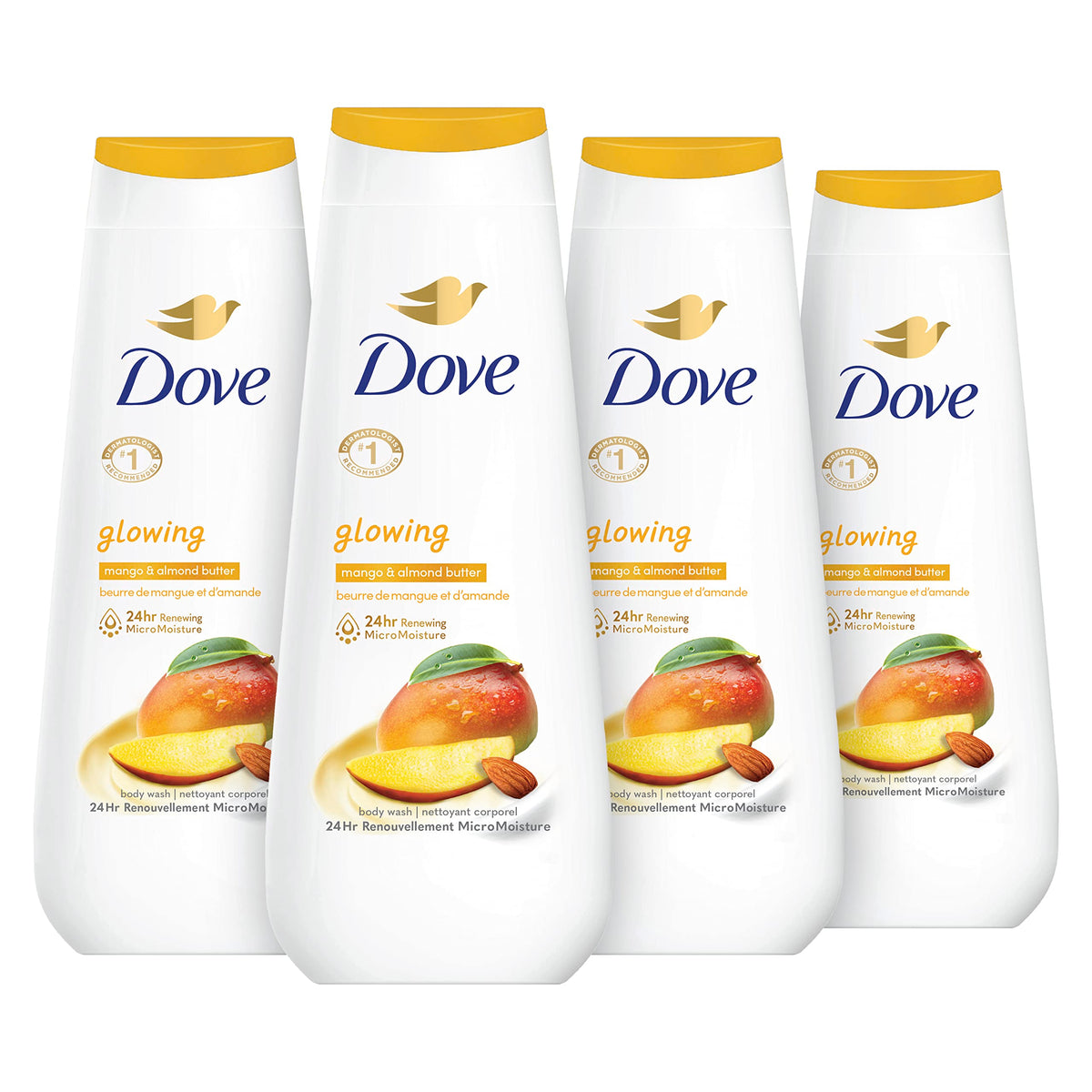 Dove Body Wash Glowing Mango & Almond Butter 4 Count for Renewed, Healthy-Looking Skin Gentle Skin Cleanser with 24hr Renewing MicroMoisture 20 oz