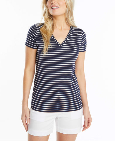 Nautica Women's Easy Comfort V-Neck Striped Supersoft Stretch Cotton T-Shirt, Navy Seas, Large